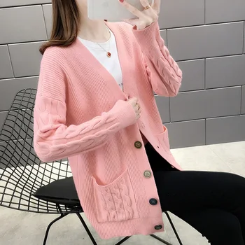 2020 Пролет Есен Нова жена вязаный пуловер, Жилетка палто Мода V-образно деколте однобортный джоба Свободни Пуловери, Дамски блузи G451