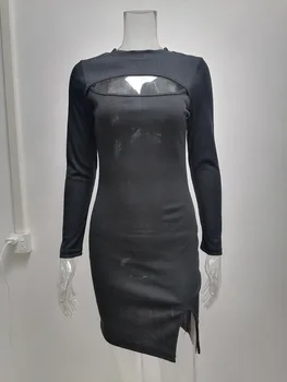 Секси черни выдалбливают вечерни рокли за жени Есен Зима Midi Дебнещ рокля с дълъг ръкав в Елегантна вечерна нощно рокля Vestidos 2021