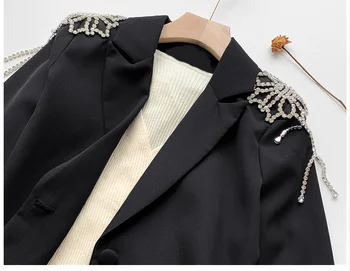 Пролет Есен Дамски къси блейзери Официално работно облекло Луксозни диамантени четката Черни стръмни палто Feminina Вечерни сака Върховете NZ142