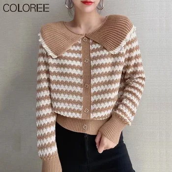 Корейски Модерен пуловер райе За жени 2021 Есен зима с дълъг ръкав вязаный жилетка Femme Ежедневни градинска облекло