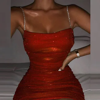 Дама в Елегантни тънки Сложени плътно прилепнали Секси рокли, блестящи диаманти Прашка Клуб, вечерна рокля Дамска мода мини-рокля без ръкави с отворен гръб