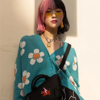 AZYT Корейски стил Цветя възли жилетки Дамски скъсяване на Дамски блузи с V-образно деколте и Свободни елегантни дебели с принтом Femme Кратко ежедневното палто