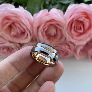 8 мм Розово Злато, Волфрам, Годежни пръстени Ангажимент Мъжки пръстен от розово злато със скосени ръбове, Удобна за засаждане