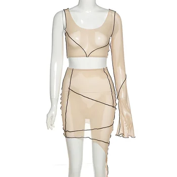 Секси прозрачна мрежа къса блуза с нередовни пола с Моден костюм с асиметрични ръкави от две части за клубната парти Подходящ костюм