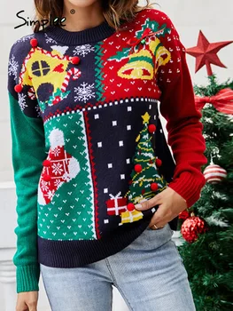 Simplee Коледен цветен блок на космения топка женски пуловер есен зима чист стил с дълъг ръкав женски жилетка сладък коледен пуловер
