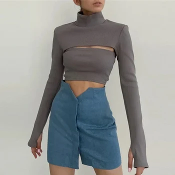 Вязаная однотонная дамски поло Съкратен трикотаж 2021 Есен с дълъг ръкав выдалбливают пуловер Пуловер Дамски секси модни върхове