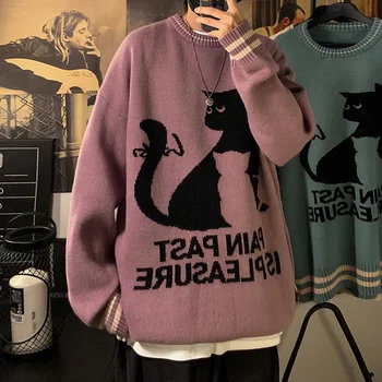 Hybskr Сладки Черни Котки Графичен Големи мъжки вязаный пуловер Harajuku Ежедневни Пуловер с кръгло деколте за мъже 2022 Мъжки дрехи