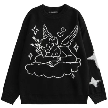 Мъжки Ретро-Ангел Възли свободни пуловери Градинска дрехи Зимни хип-хоп Унисекс Извънгабаритни Двойки Черни сиви Пуловери Пуловер Трико