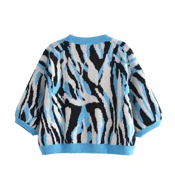 Willshela Дамска мода Жаккардовый съкратен вязаный пуловер в Горната половина на ръкав, с кръгло деколте Ежедневни дамски възли пуловери, Блузи, пуловери