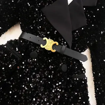 Нова мода За жени блестящ двубортный сако с пайети Женски памучно палто Черно оборудвана Блейзери Есен облекло с колан