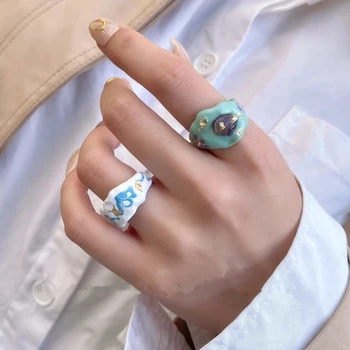AOMU Нова мода Геометрични Цветни Капающие Маслени Пръстени с естествени Перли, Ръчно рисувани Отворен пръстен за жени, момичета, Вечерни бижута Подарък