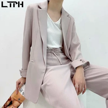LTPH Прост жилетка без копчета, сако, палто, бизнес, всекидневни, с висока талия, тесен колан, панталони, костюми, комплект от 2 теми, за жени, 2021 Есента на Нова