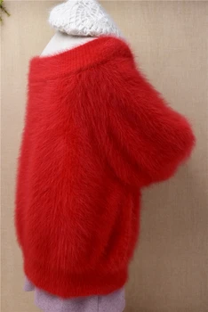 дамски дамски зимни дебели топли червени норковые кашмир възли с дълъг расклешенным ръкав с открити рамене и деколте свободен пуловер пуловер жилетка