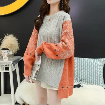 Дебела жена пуловер в стил Мозайка с кръгло деколте Пуловер с дълъг ръкав вязаный Топ Случайни сплайсированный пуловер Жилетка 2021 Зима Корейски стил