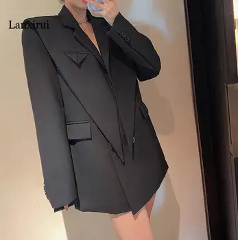 жена блейзър жилетка, блейзър комплект модерен женски сако сако, палто топ свободен размер на черно и бежово сив нов стилен