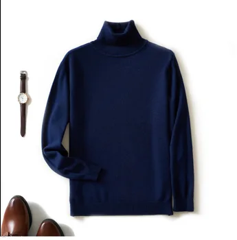 2021 Нов вълнен мъжки обикновен пуловер с висока воротом, вязаная долна риза, мъжки черен пуловер, зима
