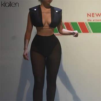 KLALIEN Модерен секси съкратен топ с ниска гърди и V-образно деколте и панталон Комплект от две части Есен Нова градинска облекло Див Тънък еластичен спортен костюм