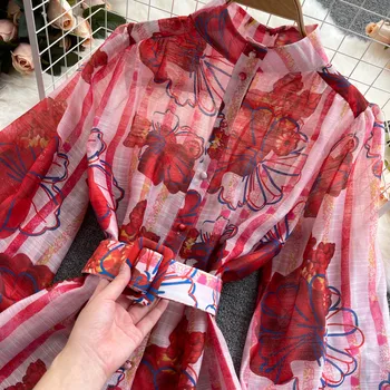 Пролетно-летни дрехи на Женската мода с дълъг ръкав-фенерче с принтом Елегантна риза Потник + Шорти с висока талия и широки штанинами Комплекти от две части S713