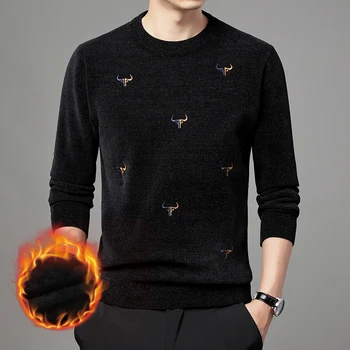 Мъжката есенно-зимния топъл пуловер с долната риза Пуловер, Мъжки Бизнес Случайни пуловер с кръгло деколте в тънка ивица с дълъг ръкав