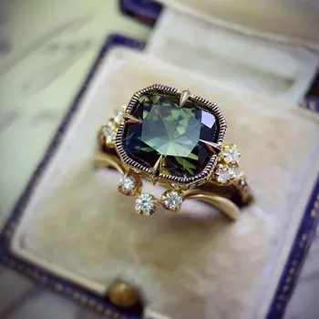 Луксозно дамско пръстен със Зелен Кристал и камък на Класическия Златен, сребърен цвят, Комплект за годеж, Сладък Циркон, Квадратна Сватба, s За жени
