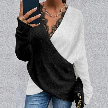 Плътен лоскутный завързана вязаный пуловер Дамски Ежедневни Блузи с дълъг ръкав, Пуловер 2022 Пролет Есен Нова Жена жилетка с V-образно деколте Пуловери