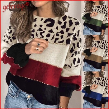Дамски ежедневни зимни градинска дрехи с леопардовым принтом Елегантен свободен вязаный пуловер с дълъг ръкав пуловер Топ Дамски дрехи 2022 3XL