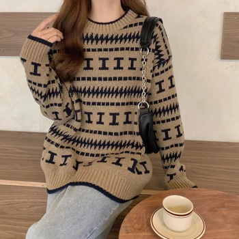 2022 пролетта Ретро вязаный пуловер Женски мързелив Знания Свободен пуловер Дамски блузи с дълъг ръкав райе Дамски блузи Жилетка Pull Femme