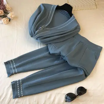 Пролет 2021 Нов дамски вязаный пуловер с дълъг ръкав и декорация на цип, Панталони от две части, модерен костюм