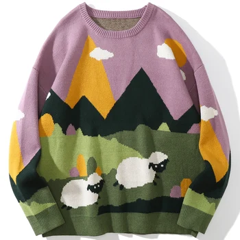 Дантелени блузи Harajuku Есен Зима Мъжки пуловери от ливадна овце Вязаный пуловер Пуловер Градинска мода Свободен ден за ден трико Потник