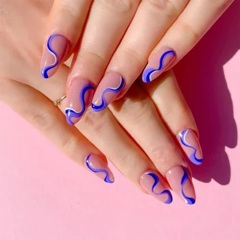 Фалшиви акрилни нокти Средна виолетово-синя вълна линия кликнете върху ноктите лепило Готова стикер за нокти 24 носене пълно покритие на фалшиви върховете на ноктите