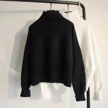 OMCHION Пуловер с висока воротом в корейски стил 2020 Зима Свободен обикновен женски Бял пуловер жилетка с дълъг ръкав LYT74