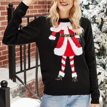 Жена пуловер Коледен Сладък Весел бродирана пуловер с изображение на малко момиче Лъскави обувки, Колан, Ръкавици Пуловер пуловер Sueter Mujer