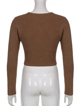Weekeep Елегантен обикновен пуловер с кръст отпред на гърдите си, За жени-секси и с отворени рамене с дълъг ръкав Свободни скок Корейски уличен стил Casual топ