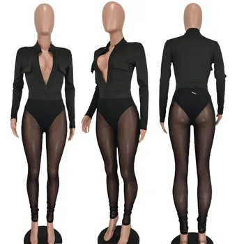 Секси светкавица V-образно деколте с дълъг ръкав Боди Топ + мрежести, Прозрачни панталони Комплект от две части За жени Прозрачен Клуб комплект дрехи Облекло