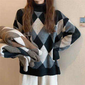 Пуловер с висока воротом Женски Сгъсти 2021 Есен И Зима Нов Корейски Argyle Свободен жена пуловер