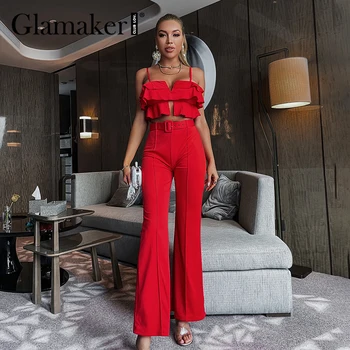 Glamaker комплект от 2 теми, секси червено съкратен топ с къдри и широки штанинами, женски костюм за парти, клубна мода, градинска дрехи, дамски комплект