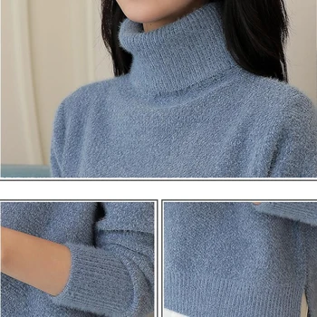 Имитация на норка дебел вълнен женски пуловер 2020 Есен зима Пуловер с дълъг ръкав и висока воротом вязаный топъл пуловер жилетка Върховете