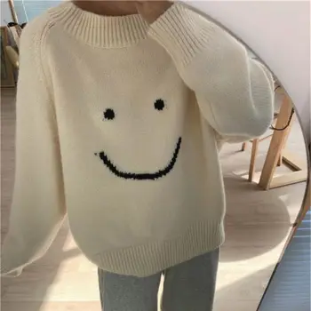 Deeptown Усмивка с принтом вязаный пуловер за жени Kawaii Harajuku Пуловер Есен зима 2021 Сладко Отгоре с дълги ръкави Случайни бяла жилетка