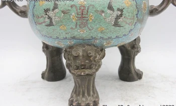 Тибетски Бронзова Перегородчатая емайл, С две топчета Дракон Фу Кучето Лъв Кадилница за тамян Кадилница