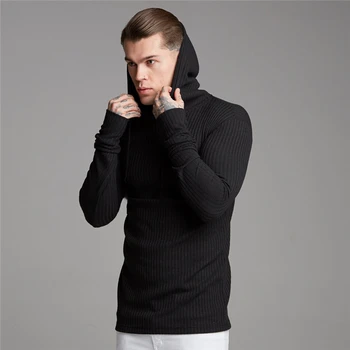 Маркови черни пуловери с качулки Мъжки Ежедневни пуловери в Есенно-зимната мода Тънък пуловер Монофонични оборудвана вязаный трико с дълъг ръкав