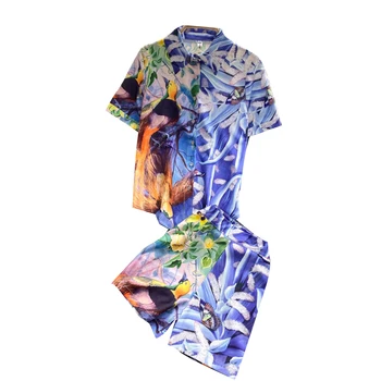 High street Нови Летни дамски ризи с къс ръкав с флорални принтом Птици, Пеперуди + Широки шорти за краката Комплект от две части Дамски костюми, Екипировка