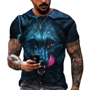 Ужасна Вълча глава с 3D модел на Печатна тениска Лятна дишаща мъжка тениска с къс ръкав Ежедневни Къса мъжка тениска с кръгло деколте