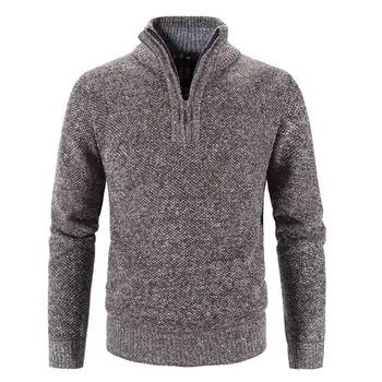Класически монофонични вязаный пуловер с дълъг ръкав Есен зима Поло с цип с деколте за мъжки Пуловер пуловер на Горно облекло за дома